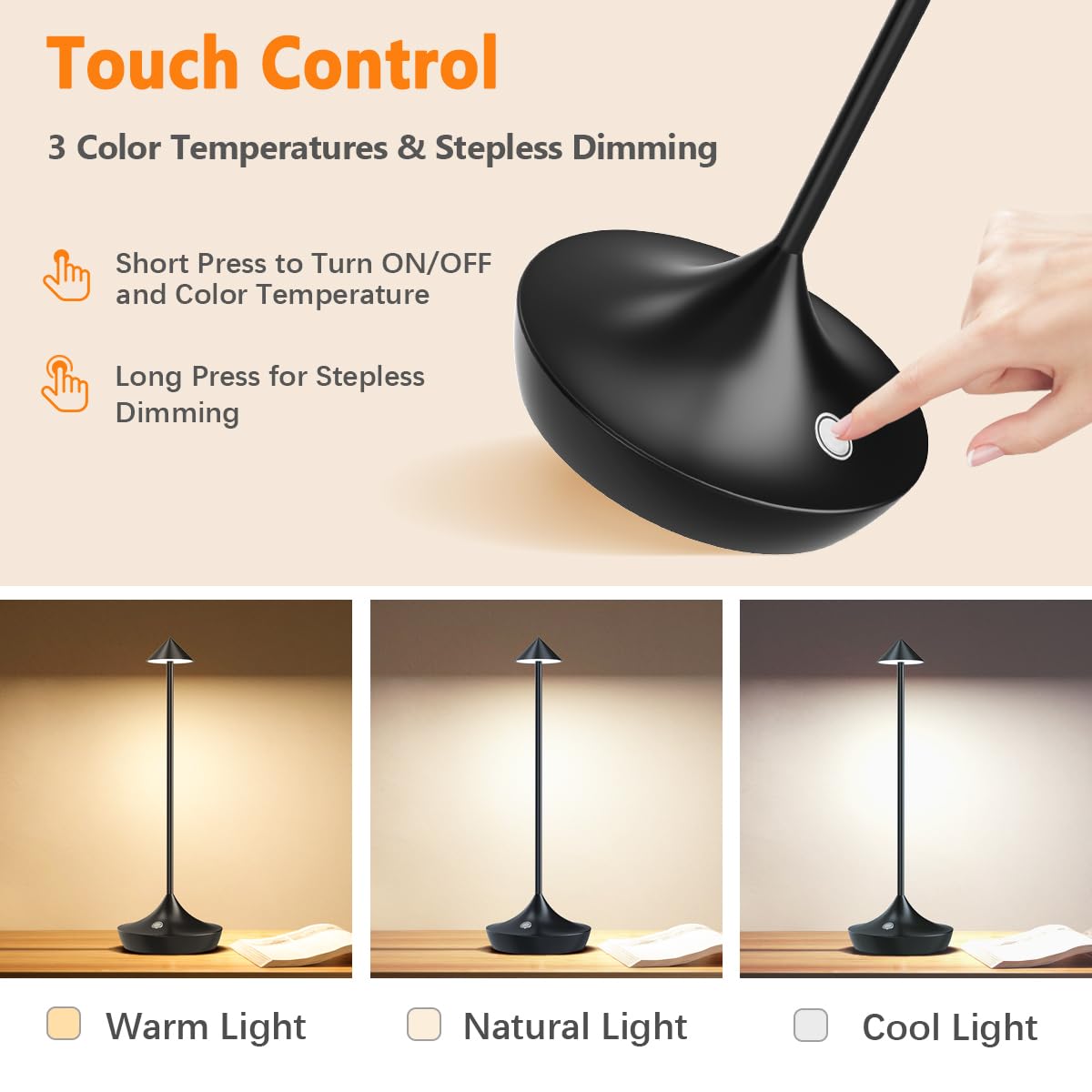 Hapfish Lampade Da Tavolo Senza Fili LED, Ricaricabili 6000mAh Lampade Da Comodino USB In Alluminio Di Moda, Dimmerabile, Impermeabile, Luci Batteria Per Ristorante Scrivania Esterno (2 Argento