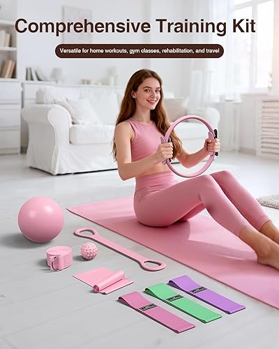 Miniatura 8 de Kit de pilates para mujer, entrenamiento en casa, juego de anillo y pelota con 3 bandas de resistencia de tela, bola de masaje, kit de iniciación de