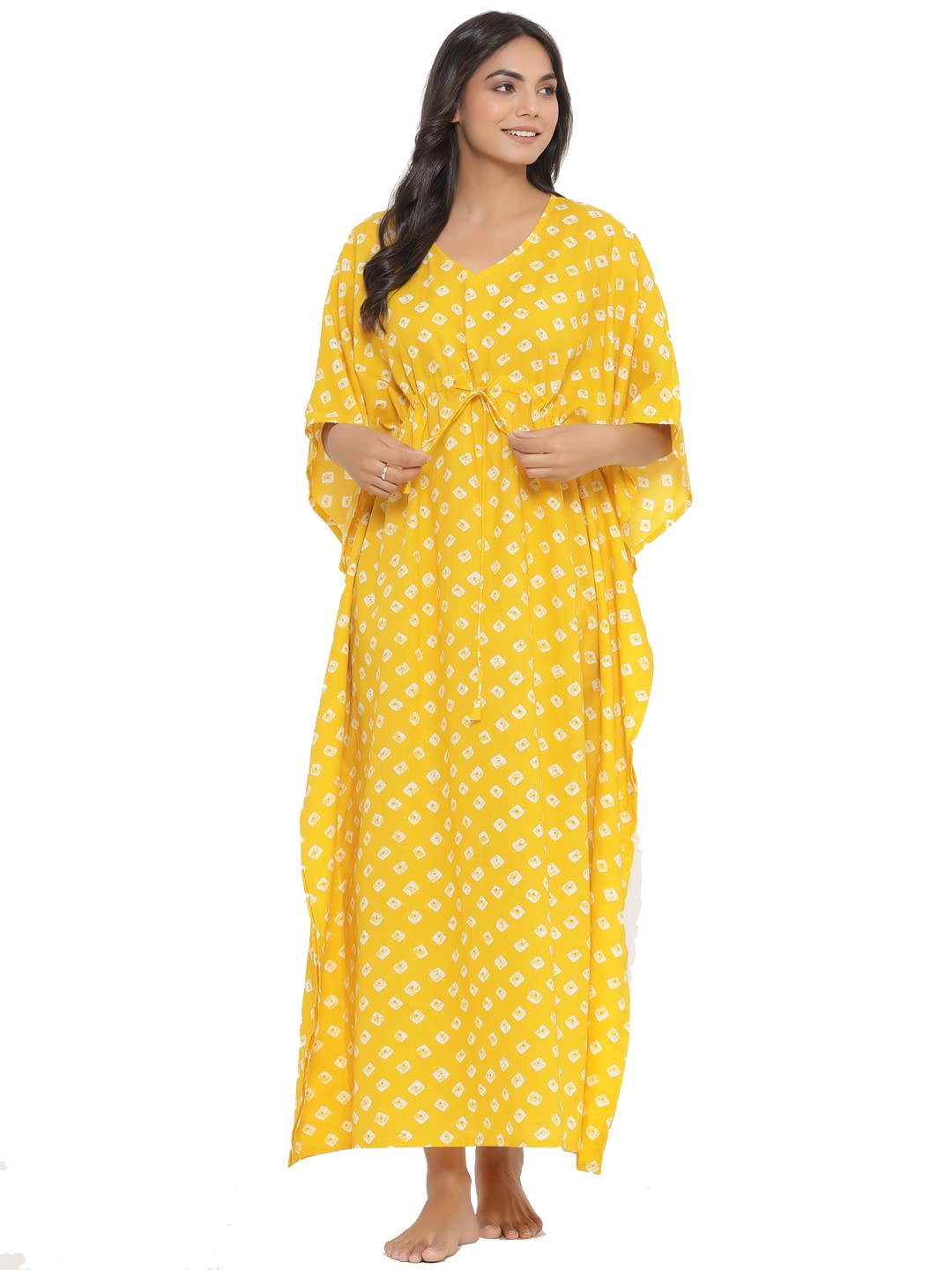 ikk kudi by seerat Women's Jaipuri Printed 100% Cotton Kaftan Nightdress / Nighties Sleep Wear - Bandhej - Color- Yellow-picture-48