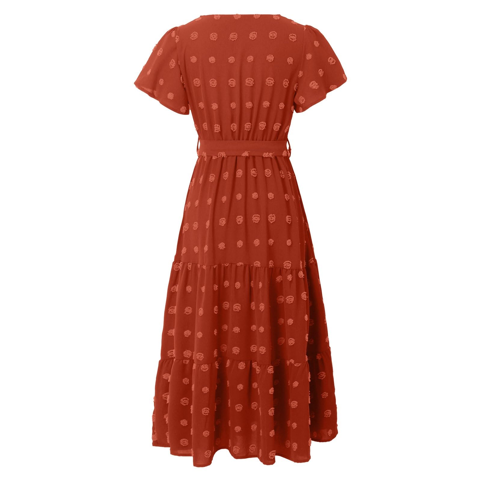Robe longue bohème à pois pour femme, col en V, flutte, manches courtes, couleur unie, ceinture à nouer, ligne trapèze, robe longue