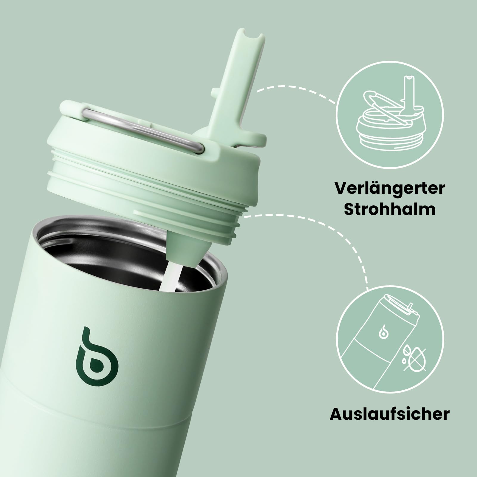 bottlebottle Borraccia in acciaio inox con cannuccia, 500 ml, a prova di perdite, ideale per scuola, ufficio, escursioni e gite, senza BPA (verde)