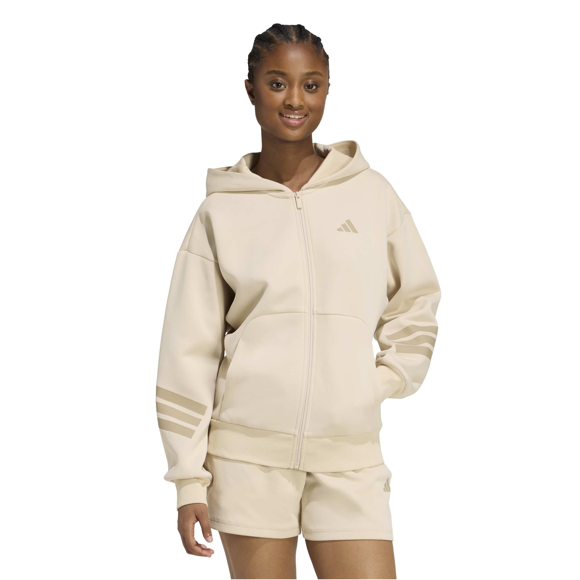 adidas dames FUTURE ICONS THREE STRIPES FULL ZIP HOODIE, Crystal Linen, M