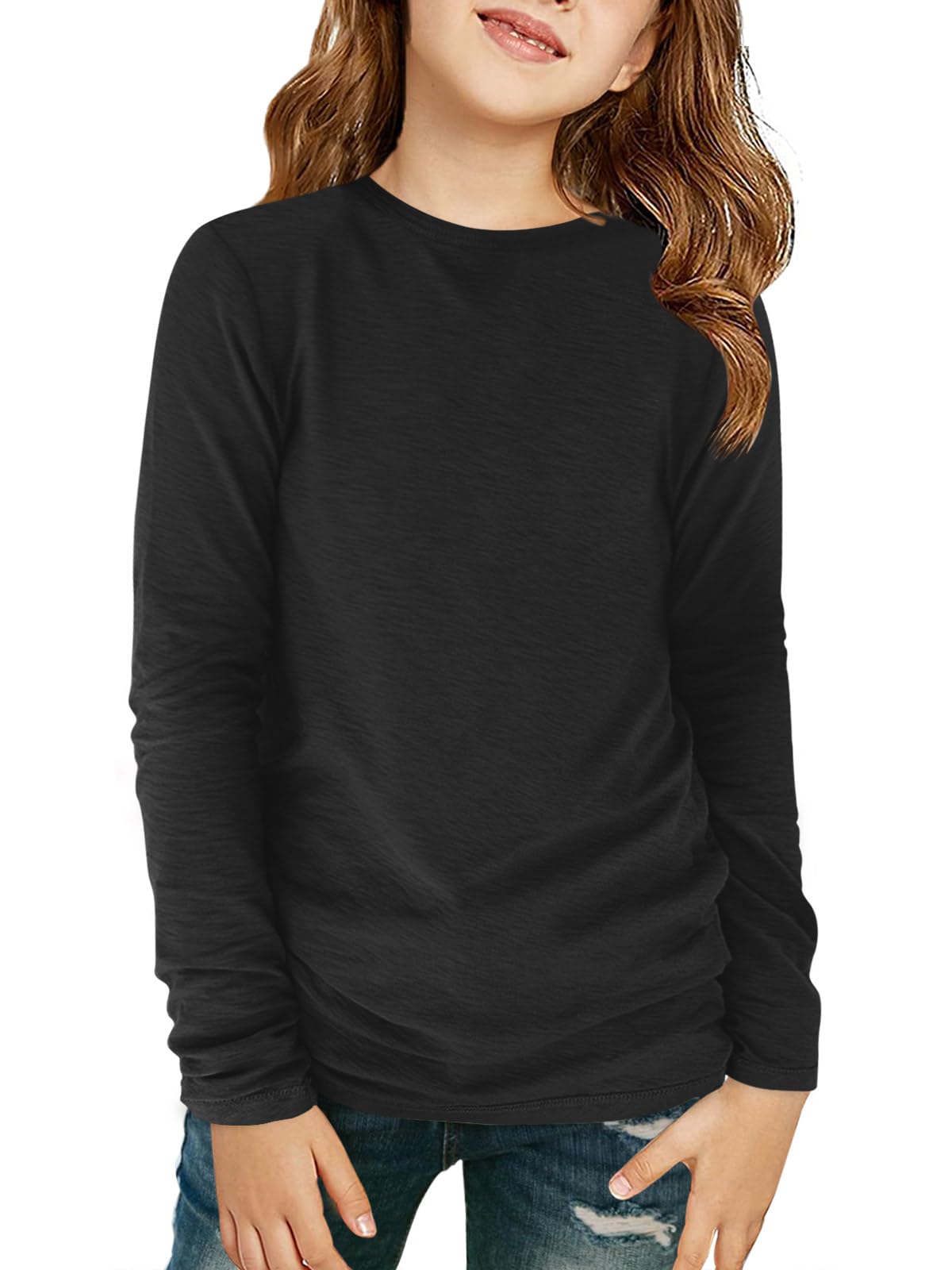 Haloumoning Girls Long Sleeve Crewneck T-Shirts Fall Tops 5-14Y | Solid Color Tees,Fashion Clothes