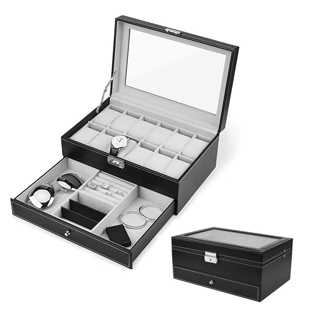 ALMEKAQUZ 12 Slots Watch Box Jewelry Organizer for Women Men, PU Leather Storage Box with Removable Drawer and Glass Lid for Wrist Watch Sunglasses Jewelry Bracelet Necklace Ring (12 Slot)