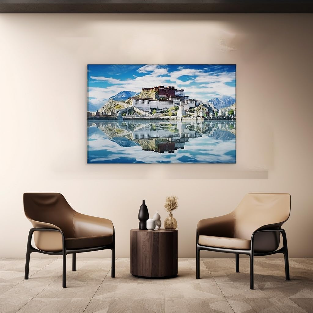 Canvas for Living room. Majestic Potala Palace Crowned by the Himalayas - A Vision of Serenity Reflected in Tibet's Sacred Waters, 27 x 18 inch Canvas Wall Art - Modern Home Decor