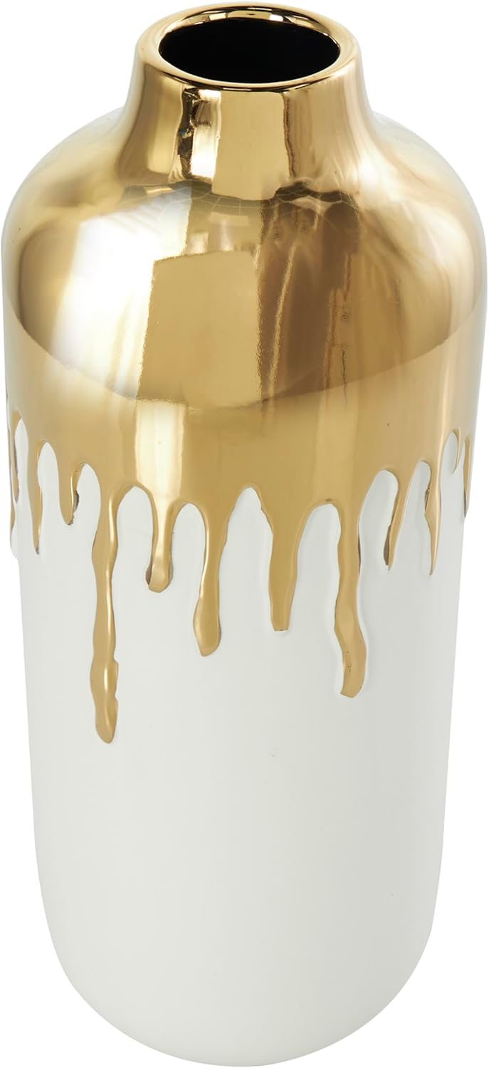 CosmoLiving by Cosmopolitan Ceramic Decorative Vase Centerpiece Vase with Abstract Gold Melting Drips, Flower Vase for Home Decoration 5" x 5" x 14", White