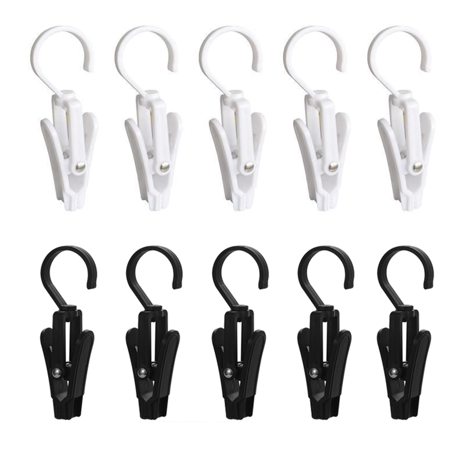 10 Pack Laundry Clips, with Rotating Hooks,Strong Plastic Towel Clips for Kitchen Quilt Hanger Clothes Pins for Hangers Home Use Black and White Ideal for Beach Towels Pants Socks and More