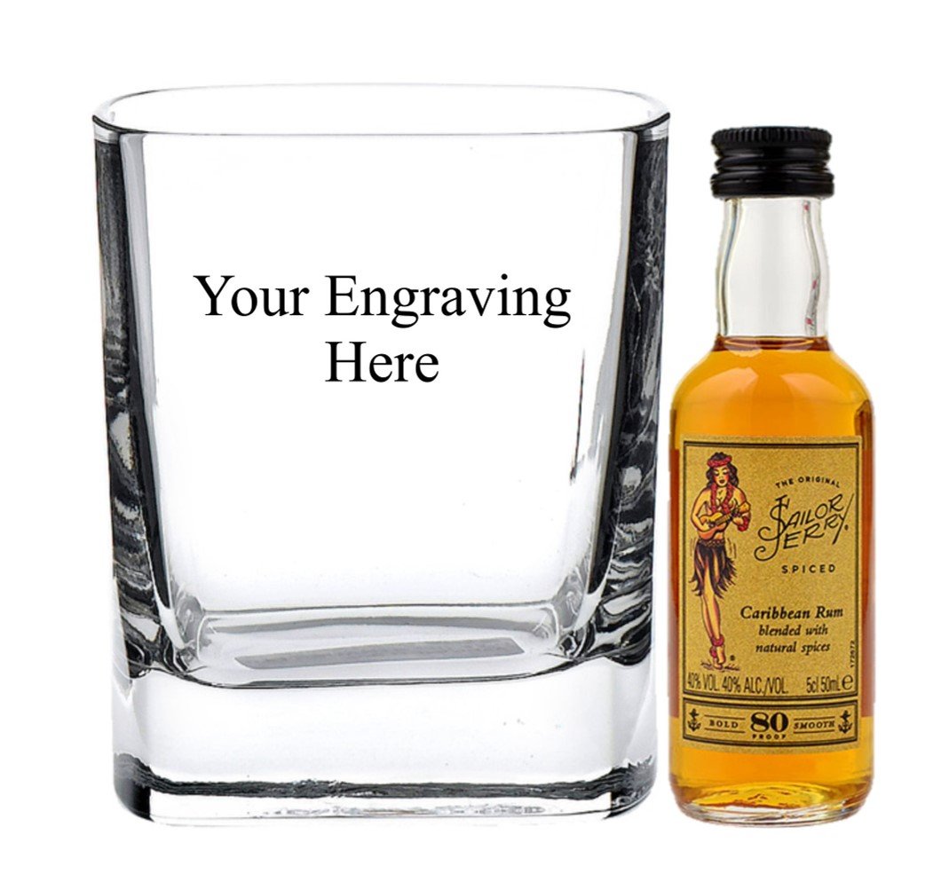Personalised engraved 8oz square glass with 5cl Miniature Spiced Rum in board gift box