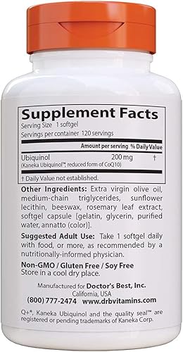 Miniatura 2 de Doctor's Best Ubiquinol con Kaneka QH, mejora la energía celular, antioxidante, sin OMG, sin gluten y soja, 200 mg, 120 unidades