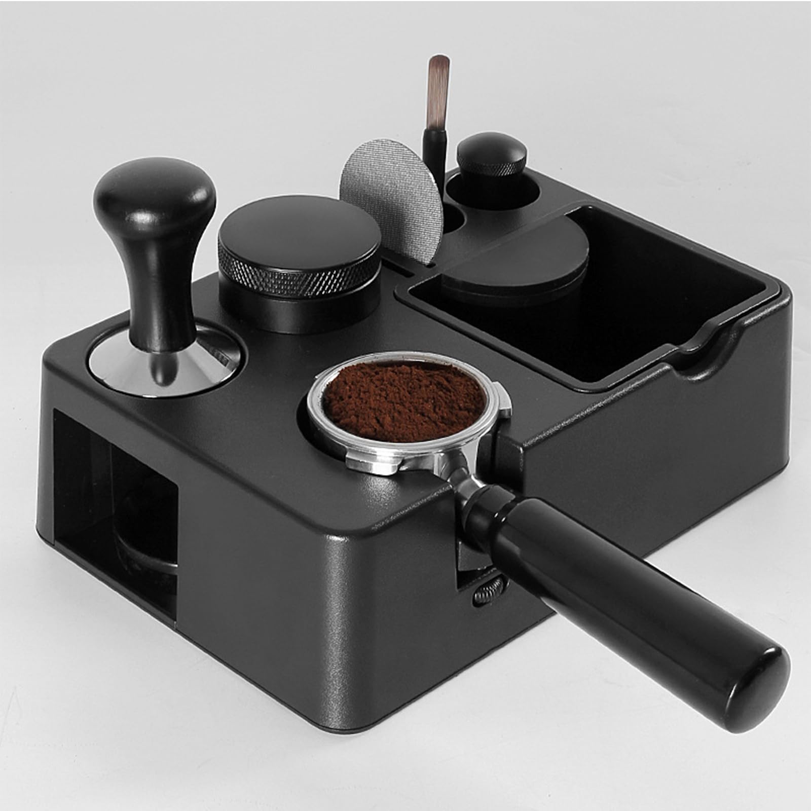 Estación de tamping café de 51 mm, 54 mm, 58 mm, para portafiltros, función 10 en 1, estación de tamping de para accesorios de barista, caja extraíble para espresso Knock Box (Black)