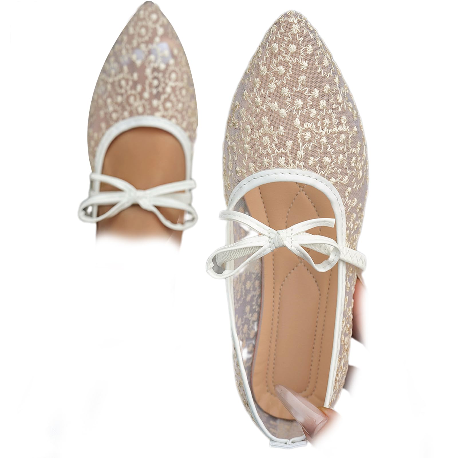 Ballerine da donna con ricamo in pizzo ricamato, ballerine da donna, eleganti ballerine floreali con cinturino a fiocco, traspiranti, comode, per matrimoni e ufficio