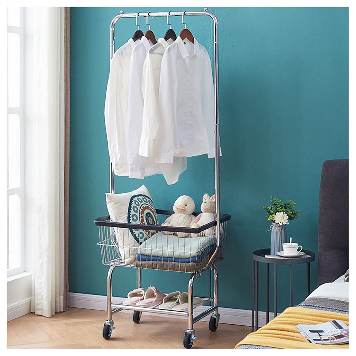 XDLEDMKIZ Freestanding Metal Garment Rack with Wheels Clothing Storage with Basket & Shoe Rack for Entryway Living Room Bedroom nization Space Saving Coat Stand