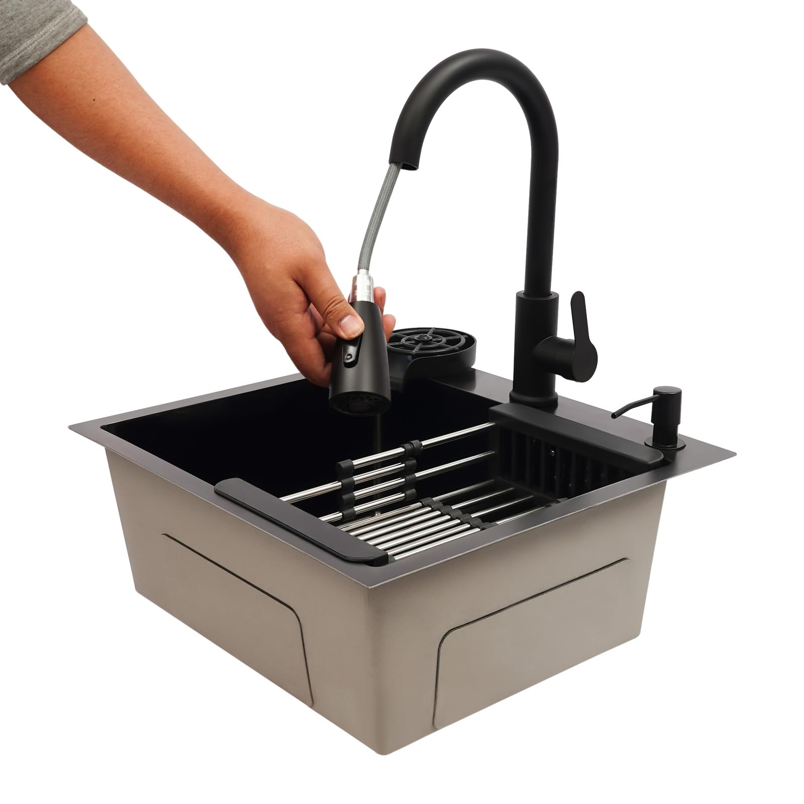Fregadero de cocina de acero inoxidable 201, 50 x 45 cm, color negro, 1 lavabo, moderno, con grifo extensible, tubo de drenaje, dispensador de jabón, escurridor para cocina, gastronomía