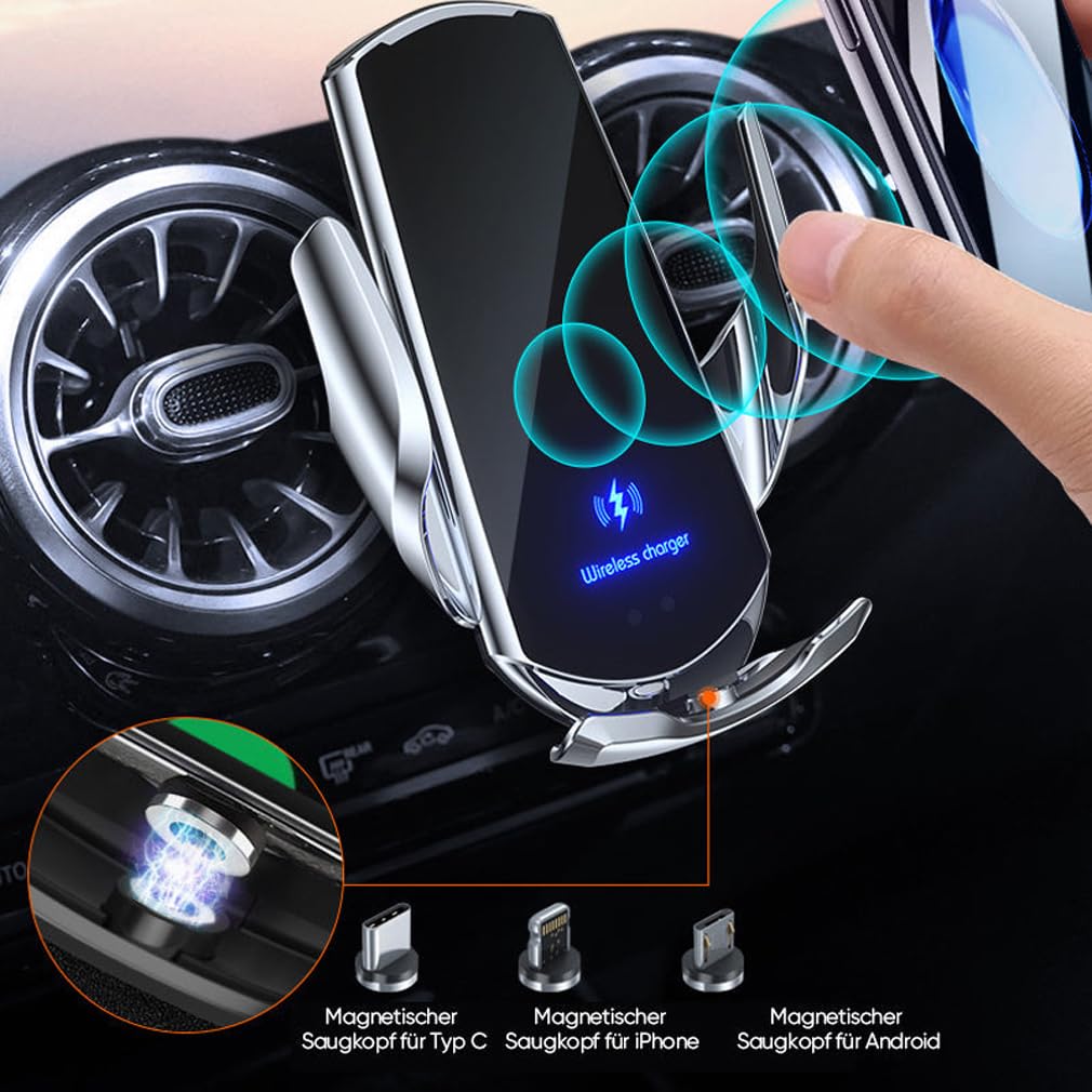 Kabellos aufladbarer Telefonhalter, 15W Handyhalterung Auto mit Ladefunktion, 360° Drehbar Handyhalterung, Fast Wireless Charger, Induktive Ladestation Auto Kfz Handy Halterung für Lüftung (Blau)