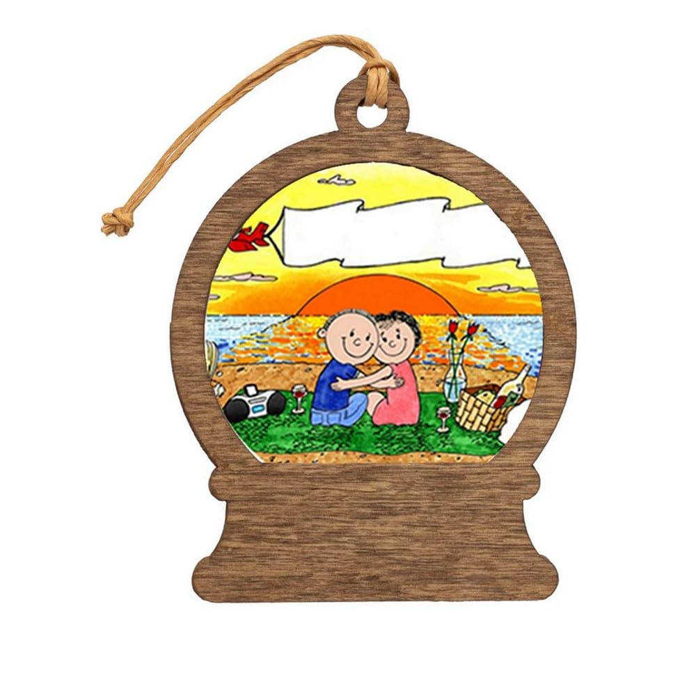 PrintedPerfection.com Personalized Lovers on The Beach Wooden Snow Globe Shaped Christmas Ornament