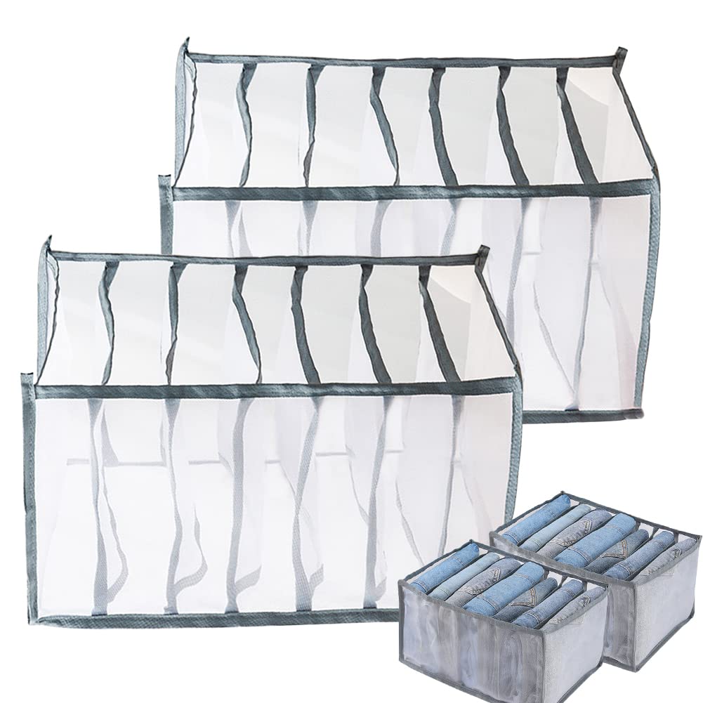 Drawer Organisers for Jeans-2 Pack Bedroom Wardrobe Organisers with Dividers-Large 7Grids Closet Cabinet Organizer Underwear Storage Boxes for Pants Trousers T-shirts Clothes Hats Leggings,Grey