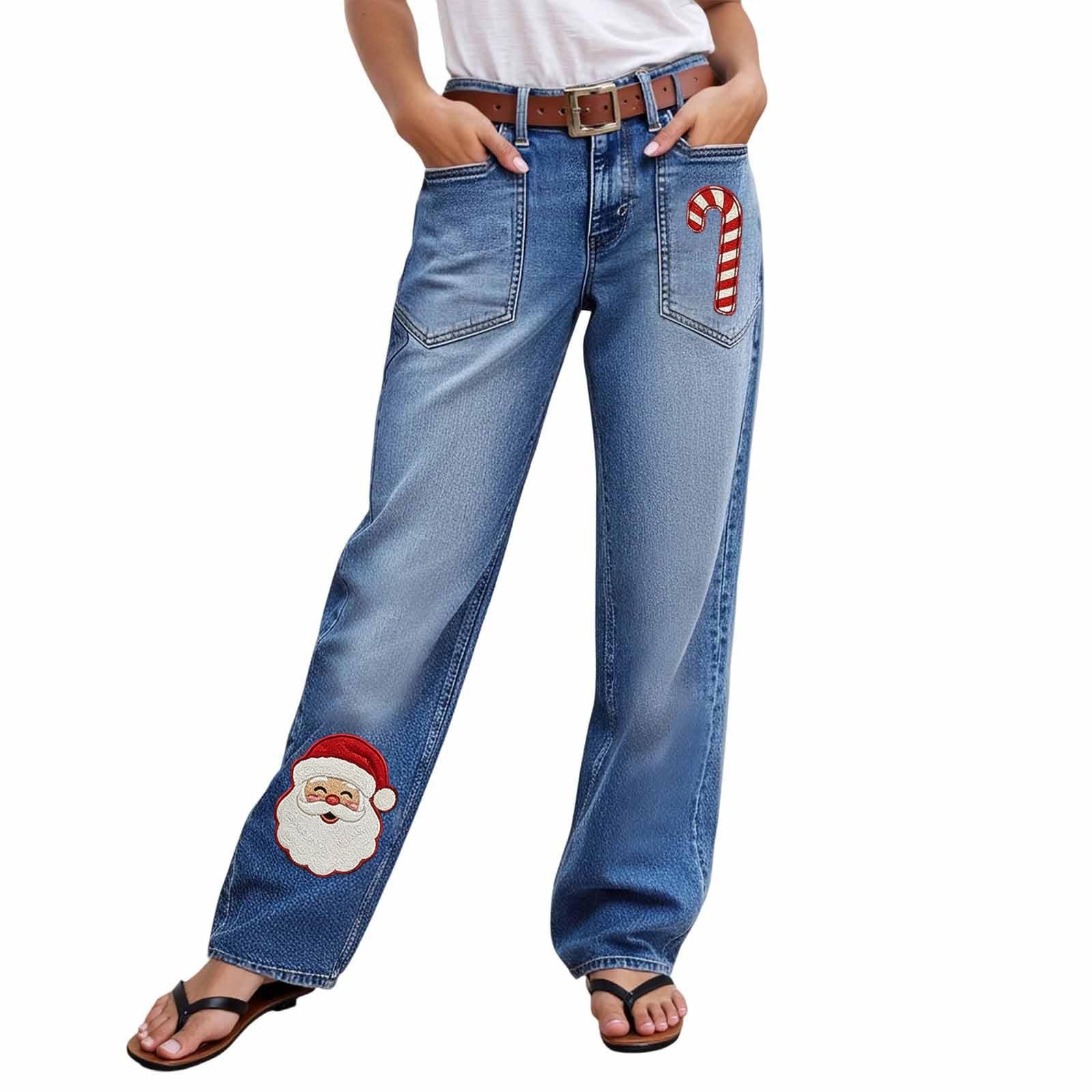 Damen Jeans - Gerades Bein Blumenmuster Jeans für Damen mit mittlerer Taille elastischem Stretchmaterial für Festliche lässige Anlässe
