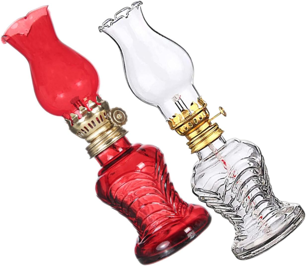 2Pcs Retro Vintage Oil Lamp High-Grade Glass Kerosene Lanterns for Indoor Use Decorative Emergency Lighting with Transparent and Red Color Classic Tabletop Decor