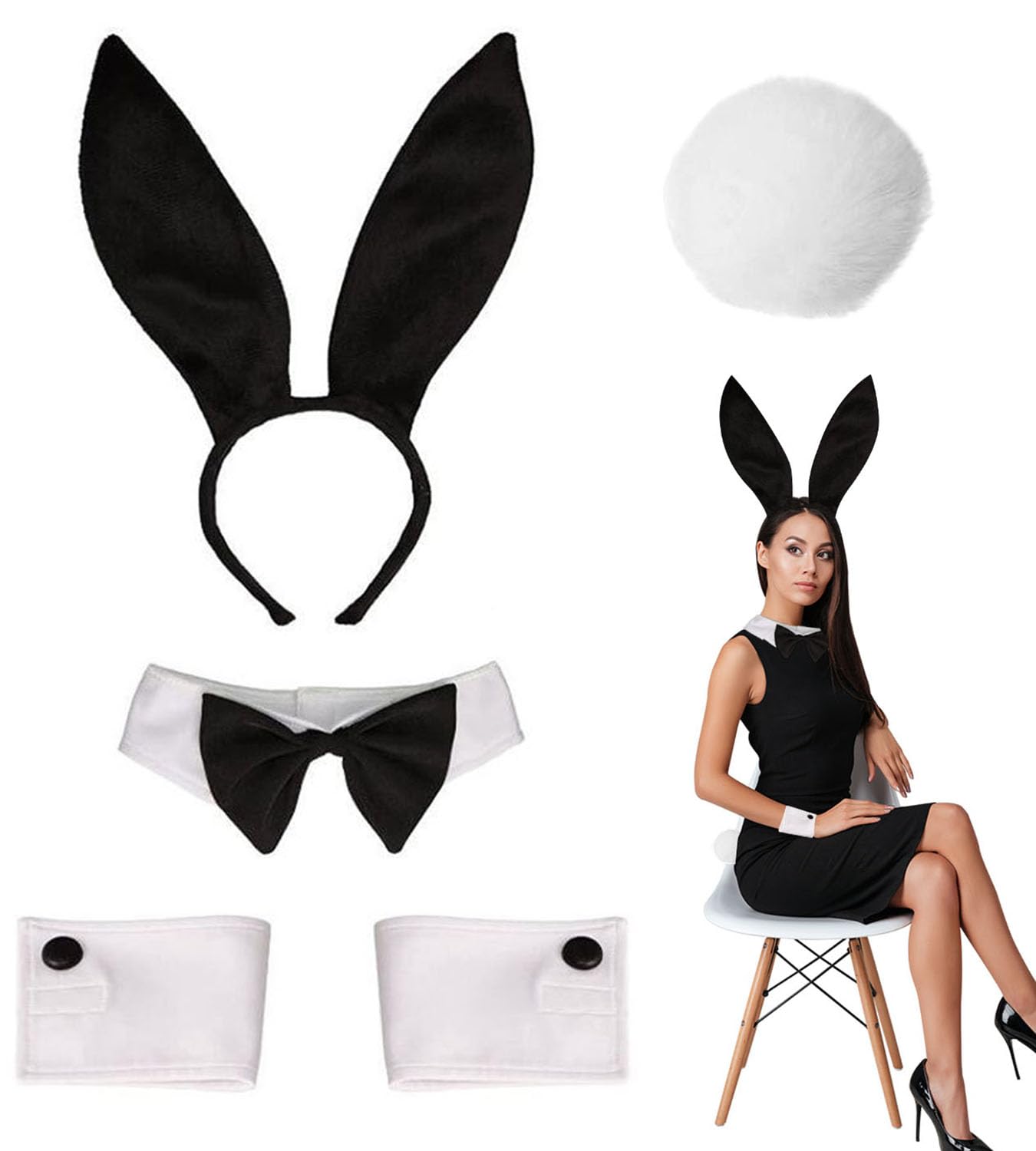 Kecartu Bunny Costume Set with Rabbit Ear Headband, Collar Bow Tie, Costume Cuffs, Rabbit Tail, Accessories Kit for Easter Party, Black