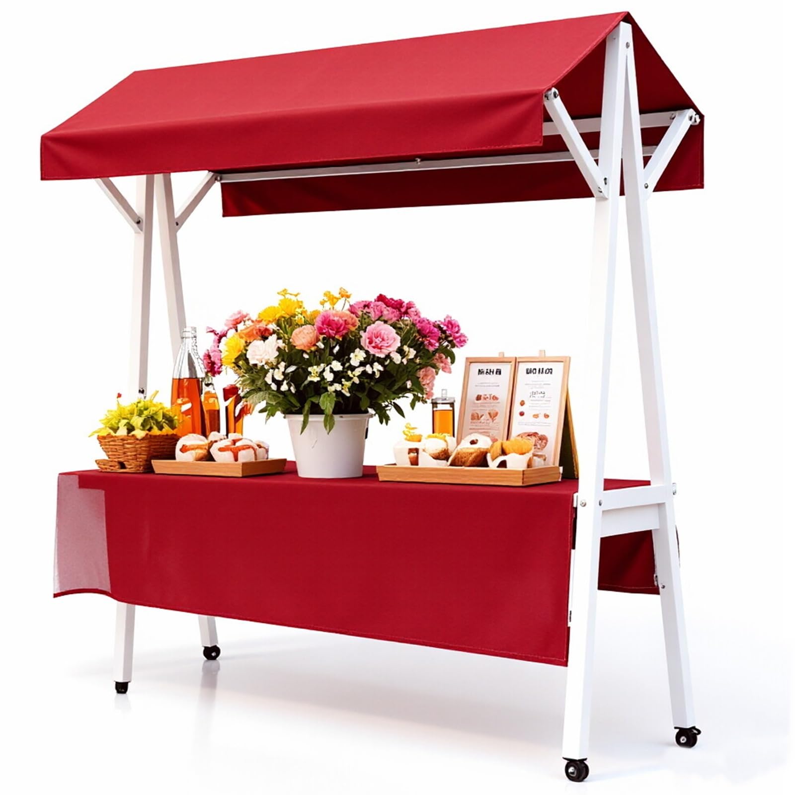 JINGSHIQIAOPL Portable Vendor Cart with Canopy and Wheels, Folding Market Stand for Farmers Markets, Craft Fairs, and Outdoor Events(Red)
