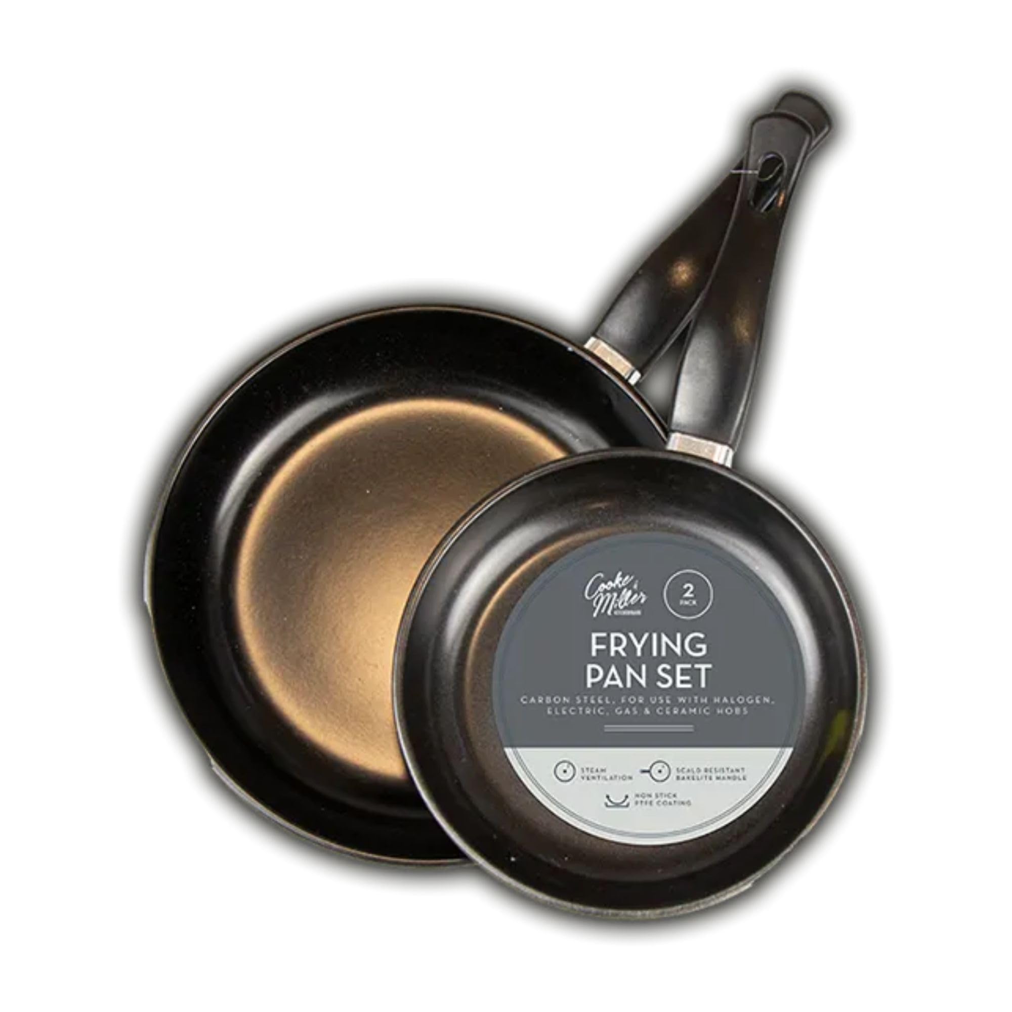 Non-Stick Frying Pan Set – 2 Pcs | Durable Carbon Steel Kitchen Pans with PTFE Coating | Scald-Resistant Bakelite Handles | Compatible with Gas – Electric – Ceramic & Halogen Hobs | Easy to Clean