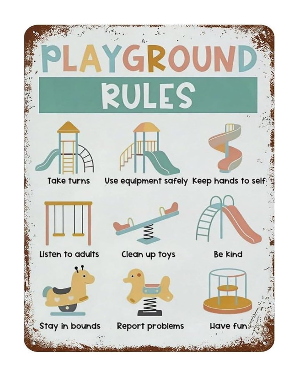 FNYUVNFAF Educational Playground Rules Sign Metal Tin Sign Colorful Wall Decor for Daycare Center Preschool or Backyard Play Area 8 X 12 inch
