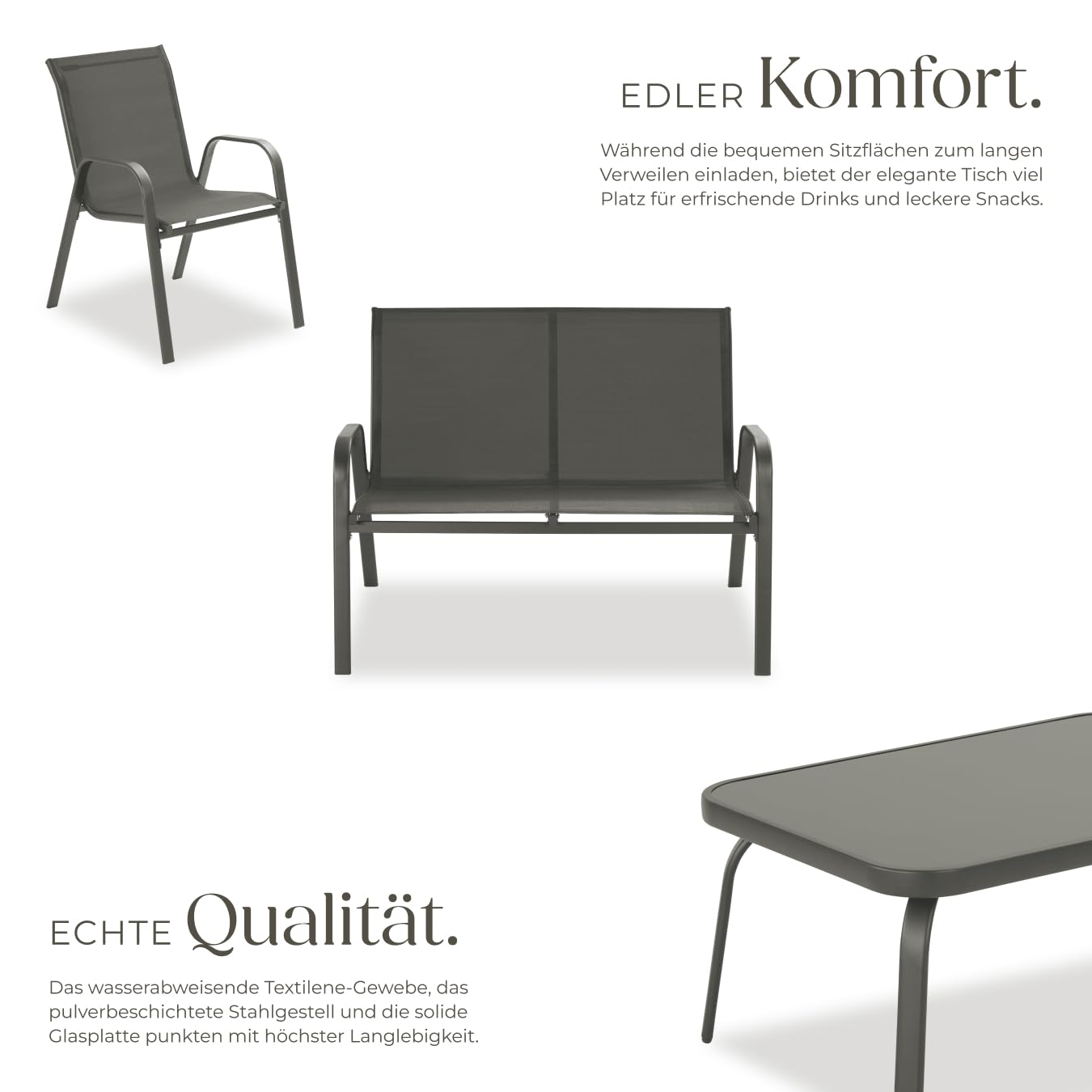 tectake® Gartenmöbel Set für 4 Personen, Sitzecke Outdoor für Balkonmöbel Kleiner Balkon mit 2X Stuhl, 1x Gartentisch und 1x Gartenbank wetterfest, Lounge Möbel Outdoor - anthrazit