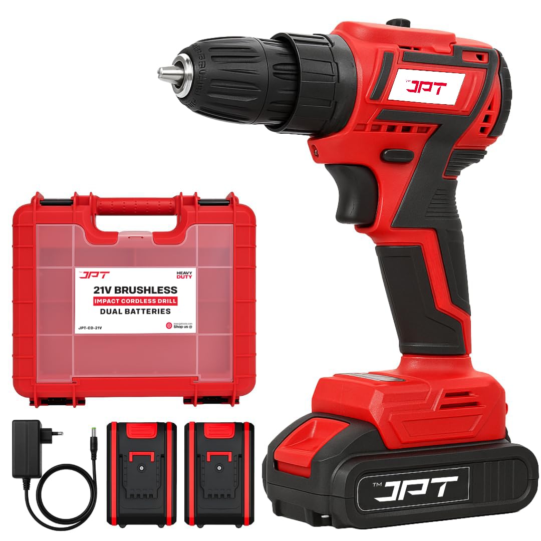 JPT Heavy-Duty 21V Cordless Impact Drill Machine | Brushless Motor | 85N.M Torque | 2250RPM Speed | 10mm Chuck | 25+3 Torque Settings | Dual Speed | Forward/Reverse Function | 2.0Ah Li-ion Battery
