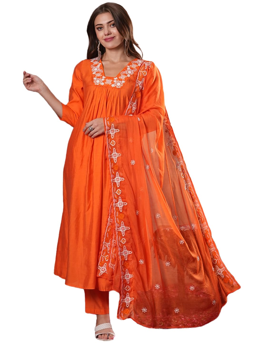 GoSriKi Women's Rayon Blend Anarkali Solid Kurta with Pant & Dupatta