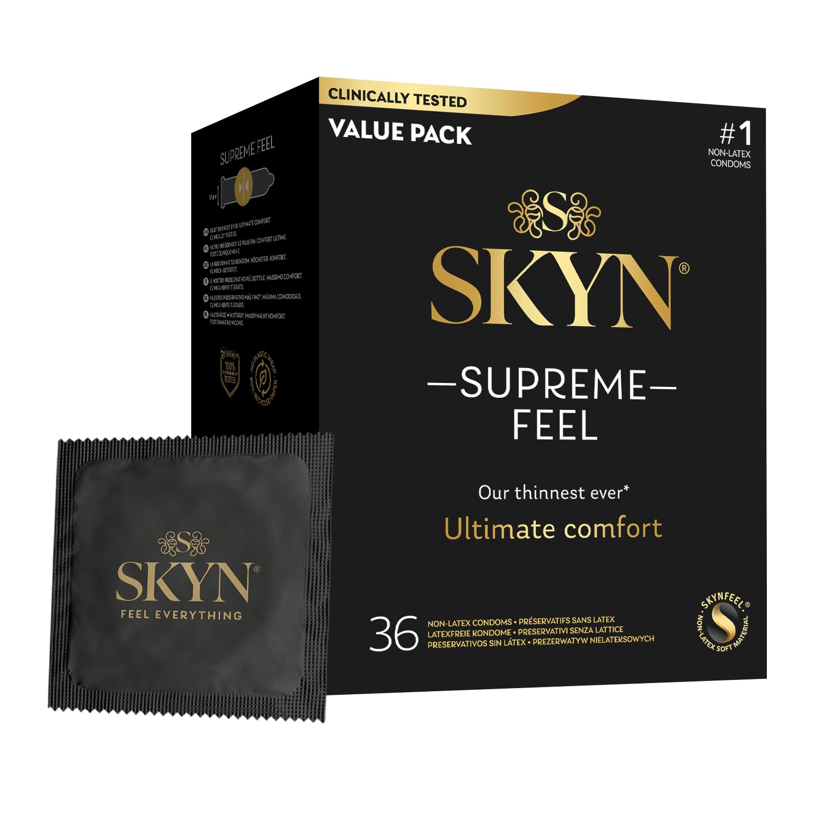 SKYN Supreme Feel Condoms, Pack of 36, SKYNFEEL Latex Free Condoms for Men, Regular Size, Strong & Thin, Smooth Straight Shape, Lubricated