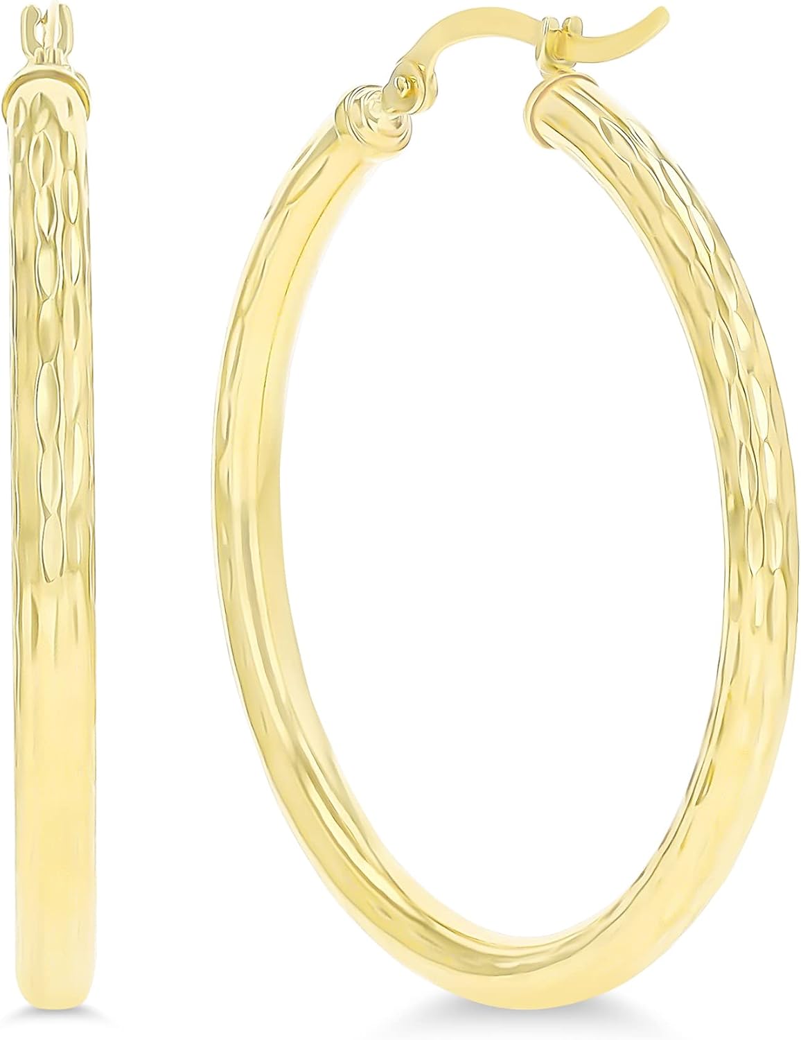 14k Yellow Gold Solid Polished 3mm Thick Diamond Cut Hoop Earrings for Women | Classic Diamond Cut Italian Gold Hoops With Secure Click Top, 20mm-60mm