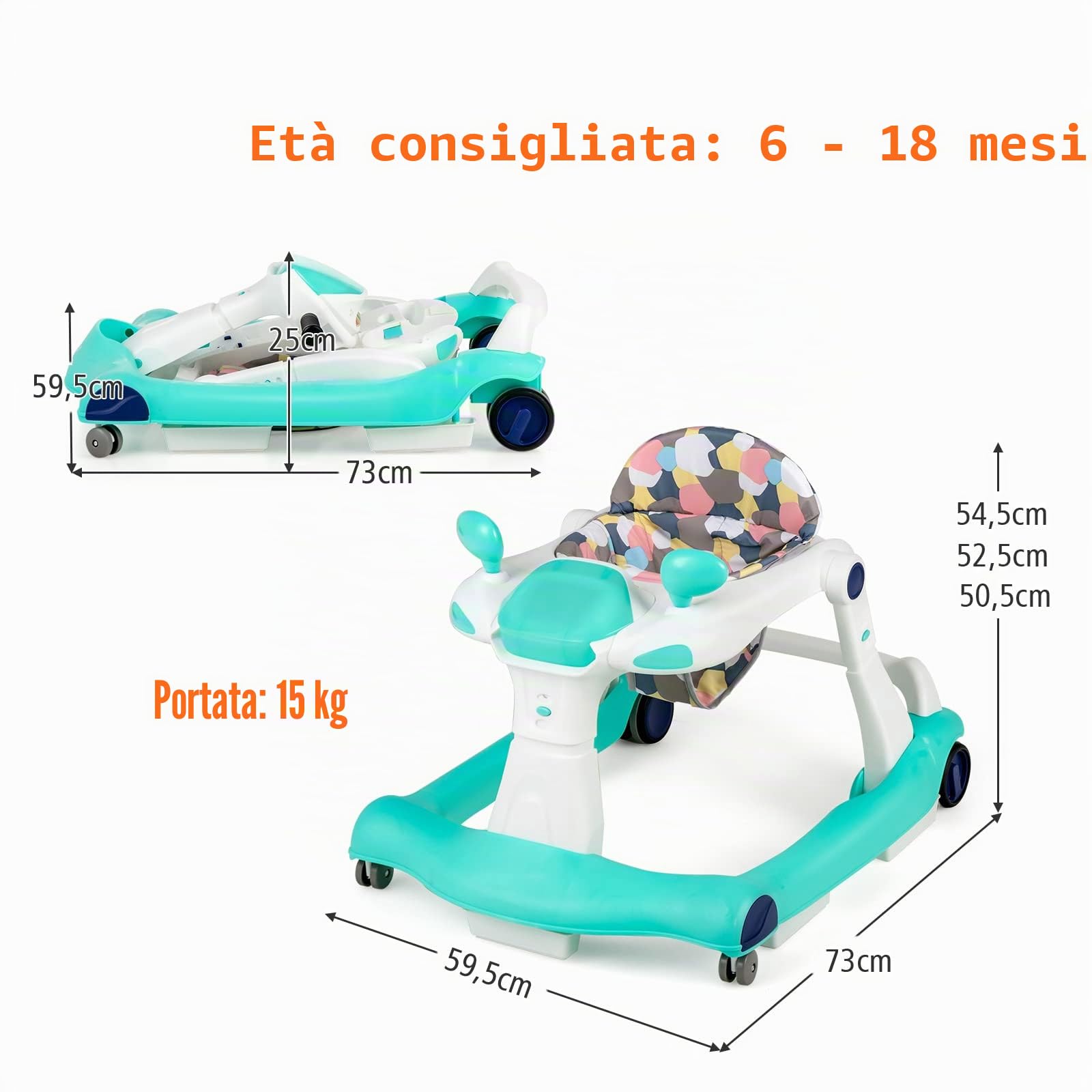 LIFEZEAL 2 in 1 Girello per Bambini 6-18 Mesi, Primi Passi, Baby Walker, Carrellino, Altezza, Velocità Regolabili, Pieghevole, Portatile, con Luce, Musica, Imparare a Camminare, Max 15 kg, Verde
