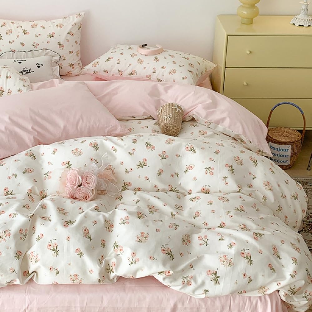 Lanqinglv Single Duvet Cover Set Floral White Pink Flowers Bedding Modern Comforter Cover 135x200 cm with Zipper Closure and 1 Pillowcase 50x75 cm