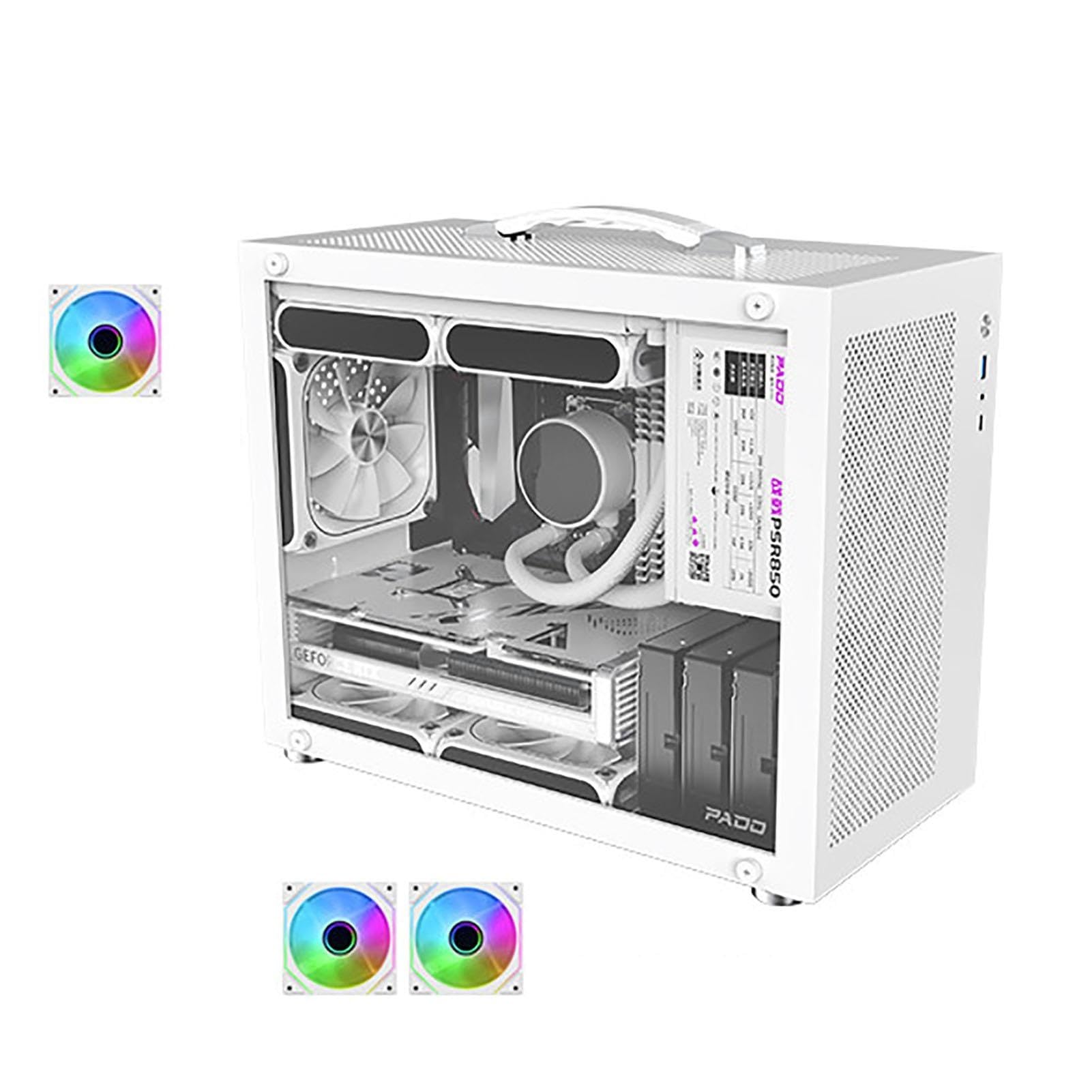 upim M-ATX-Gehäuse, Mid-Tower-Desktop-Computer, Gaming PC Gehäuse, USB 3.0/Typ-C-Anschlüsse, gehärtete Glasscheibe, unterstützt Wasserkühlung, leicht zu bewegen(White,3fans)