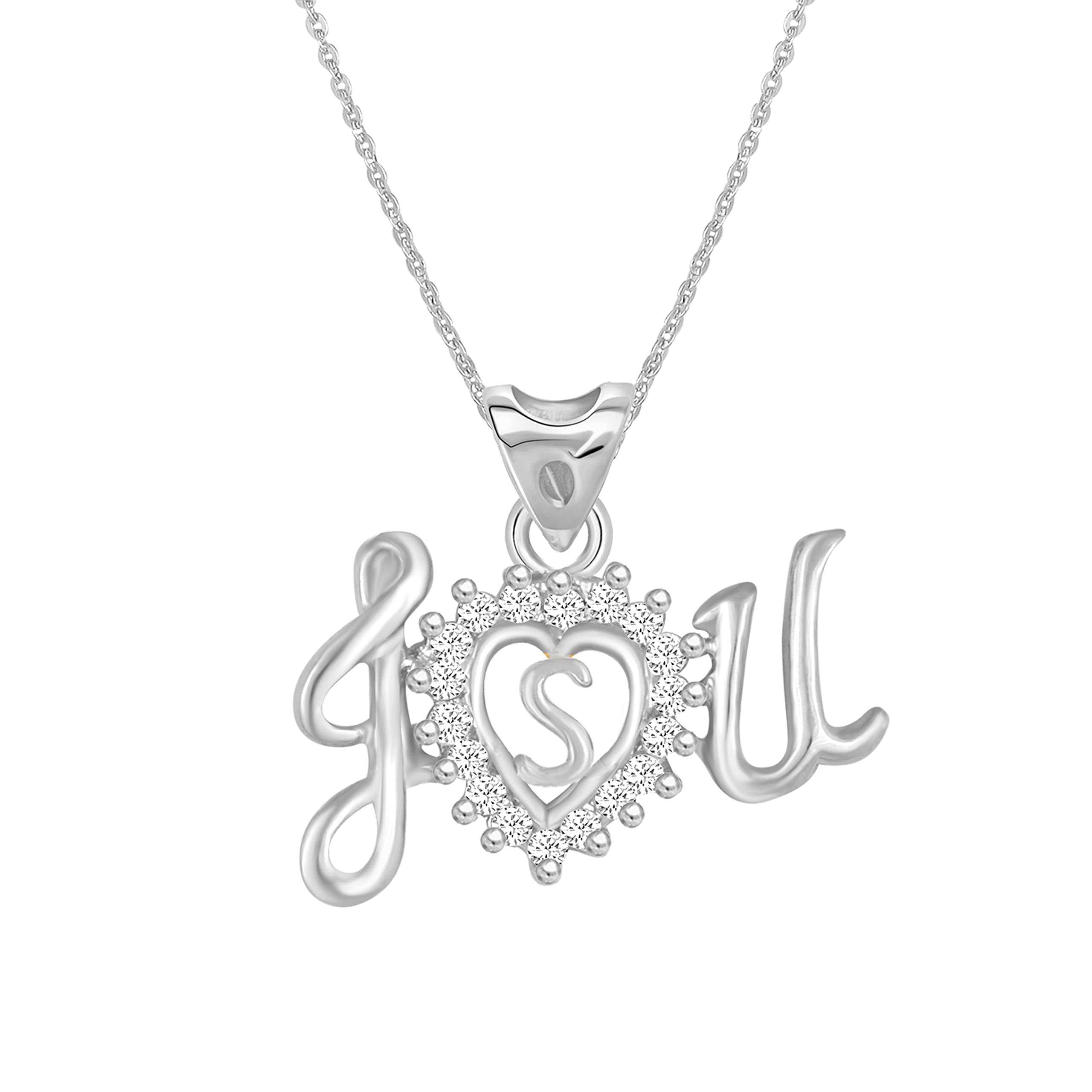 MEENAZPendant for Women Girls Wife Girlfriend lovers American Diamond Crystal CZ AD Brass Chain Necklace Pendent Silver Pendant Locket I Love U Heart Initial Name S Letter Alphabet Valentine gift -17