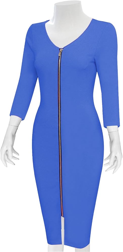 Tam Ware Women Sophisticated Front Zipper Long Sleeve Bodycon Midi Dress, Black