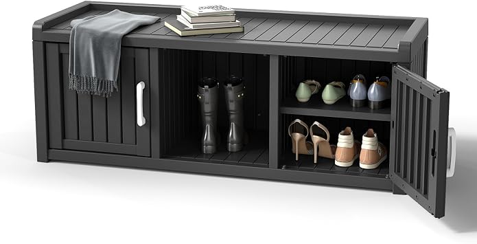 EasyUp Shoe Bench Waterproof,Resin Shoe Cabinet,Outdoor Storage,Industrial Hallway Bench with Adjustable Shelves for Entryway,Living Room,BedroomBlack, 2 Door