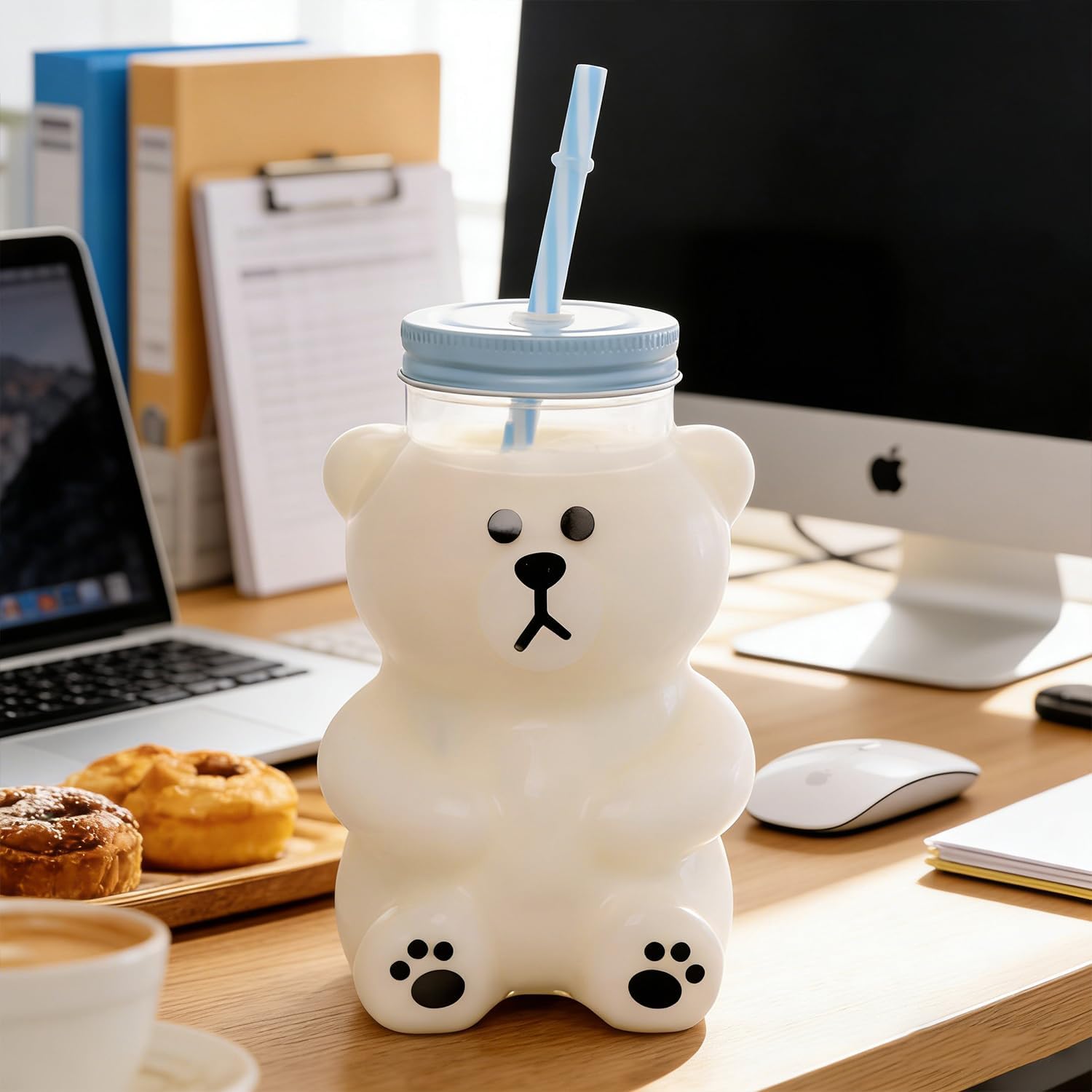 Kawaii Bear Sippy Cup 19oz, Clear Bear Glass Cup with Lid and Straw, Leak-Proof Clear Cup for Juice Milk Tea Smoothies Infused Water Beverage Food Grade