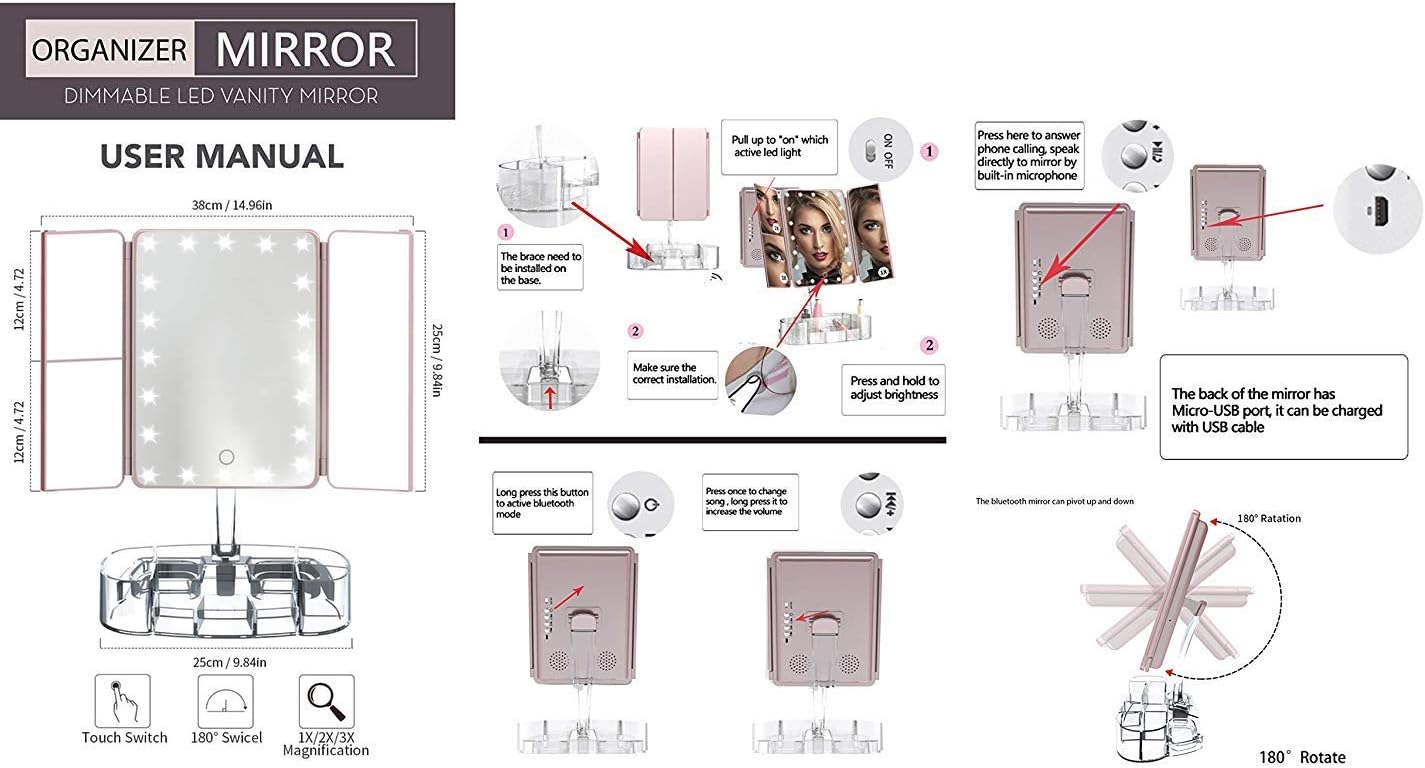 Hansong Makeup Mirror with Lights and Bluetooth - Tri-Fold Vanity Mirror with Magnification (2x/3x/10x), Lighted Mirror with Makeup Organizer Tray,Touch Screen Dimming,Rechargeable : Beauty & Personal Care