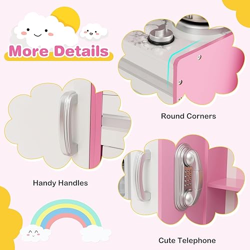 Miniatura 8 de Costzon Juego de cocina para niños, cocina de madera con luces LED de lujo, máquina de hielo, horno, lavadora, teléfono de juego, juego de juguetes