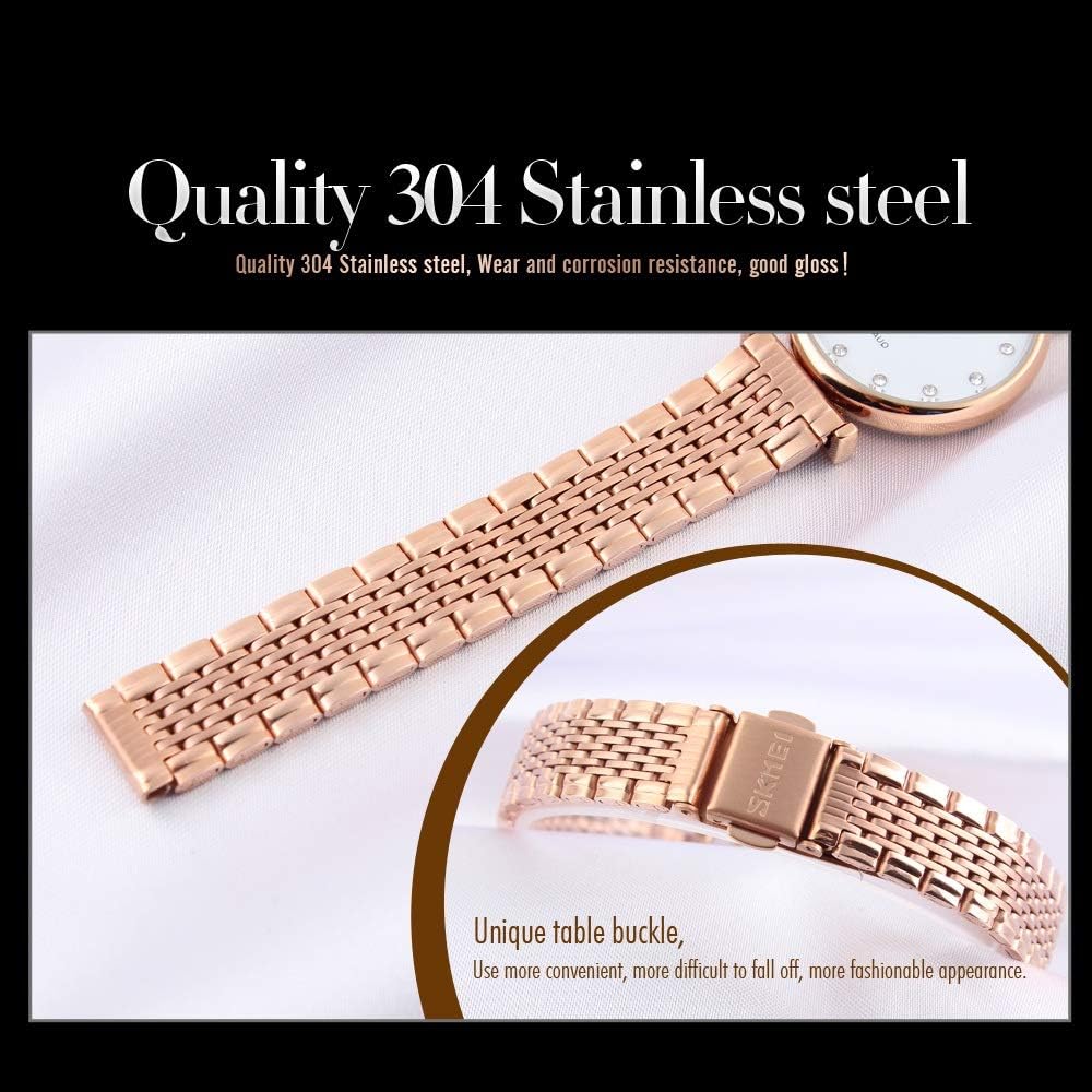 FeiWen Fashion Luxurious Women's Analog Quartz Stainless Steel Watches Simple Design Ultra Thin Dial Crystal Scale Classic Casual Business Dress Wristwatches (Gold) - Image 5