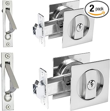 Dontay Keyed Pocket Door Lock with Pull Handle,Flush Mount Recessed Knob,2-3/8 inch Backset,Square Bed Bath Hardware Fit Sliding Barn Interior Door Thickness 1-3/8 to 2-3/16 inchBrushed Nickel,2