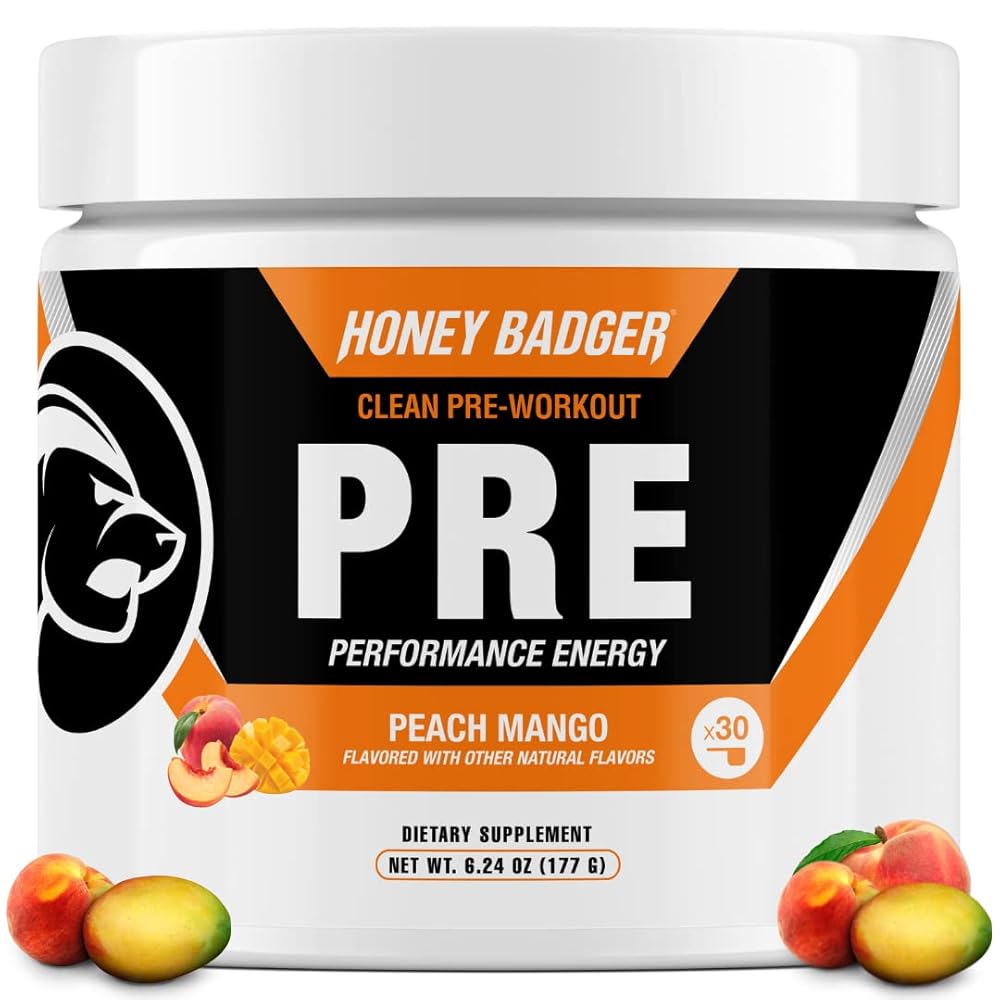 Honey Badger Pre Workout Powder, Keto Vegan Preworkout for Men & Women, Beta Alanine & Caffeine, Sugar Free Natural Energy Supplement, Peach Mango, 30 Servings