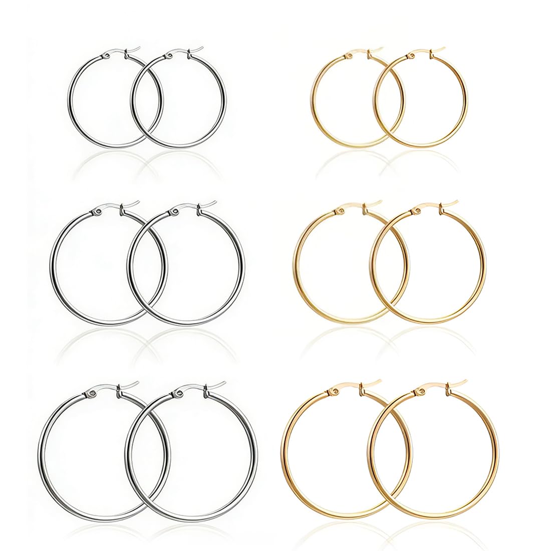 Aros de Acero Inoxidable Hipoalergénicos - 6 Pares Plata/Oro, Tallas 10/15/25mm para DIY Joyas