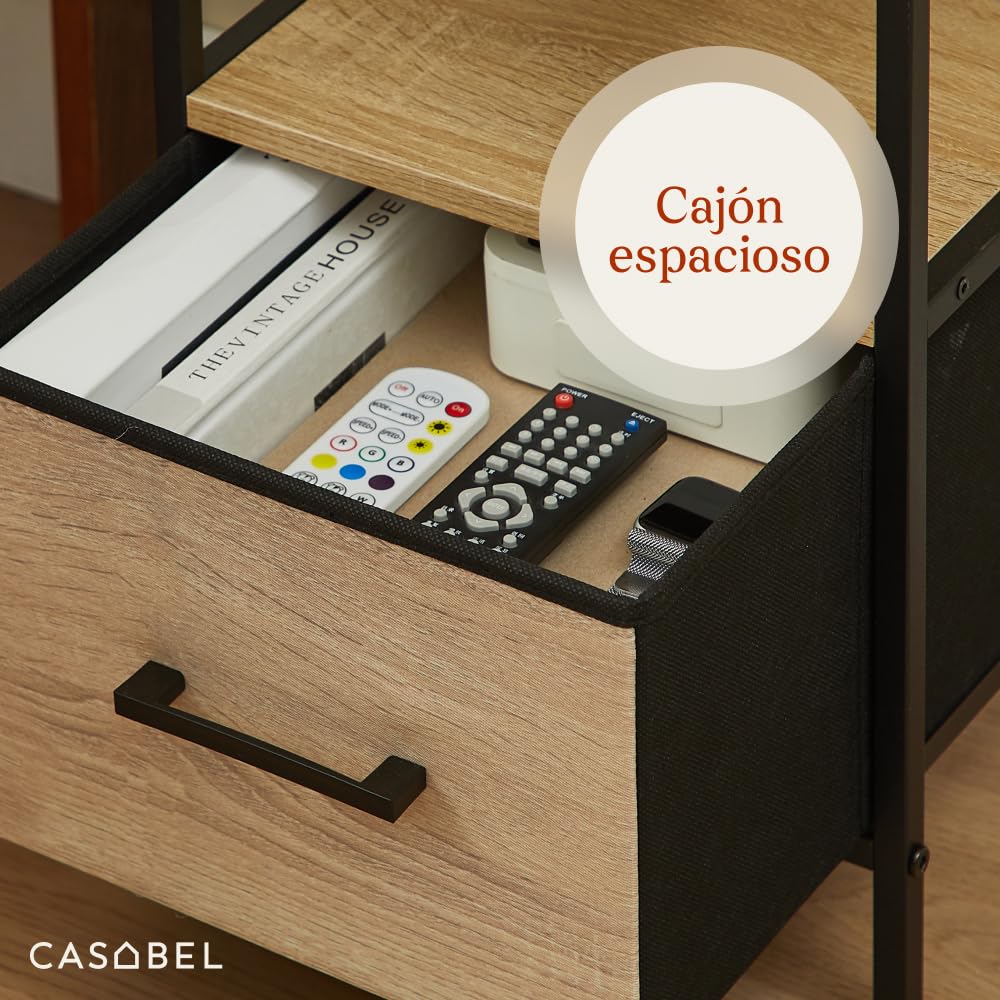 CASABEL Mesita de Noche con cajón de Tela rígida Efecto Madera, Tablero de Madera y Estructura metálica Negra 30x30x50 cm, mesilla de Noche para Dormitorio o Mesa Auxiliar de sofá