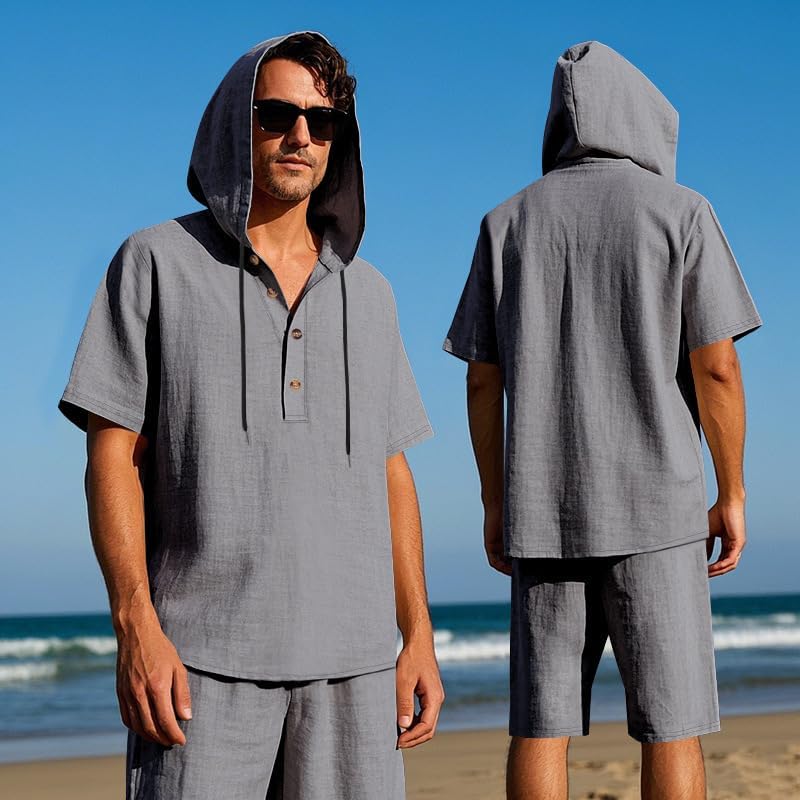 Men's 2 Piece Linen Outfits Short Sleeve Hooded Shirt and Beach Shorts Set Casual Summer Matching Set