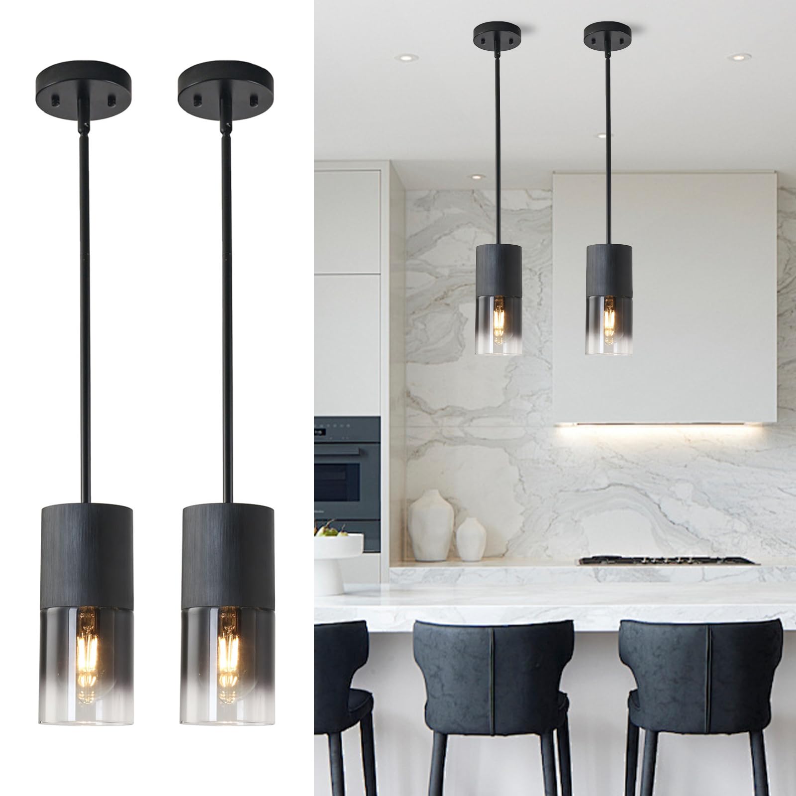 Pendant Light Fixtures, Adjustable Modern Pendant Lights for Kitchen Island, Industrial Glass Pendant Lights for Dining Table Hallway Bedroom Living Room Black 2 Packs