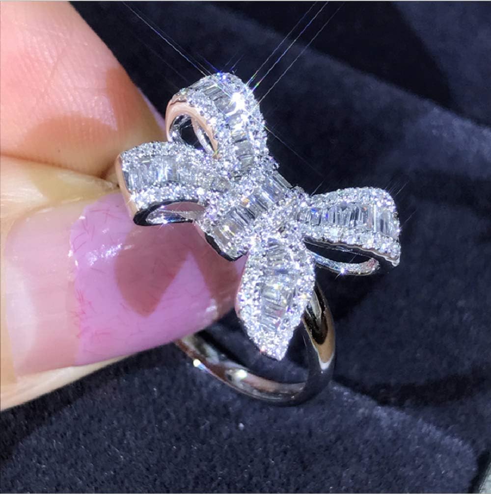 MAIHAO Women Fashion 925 Silver White Sapphire Bow Jewelry Ring Bride Princess Engagement Wedding Gift Size 6-10 (US Cold 9)