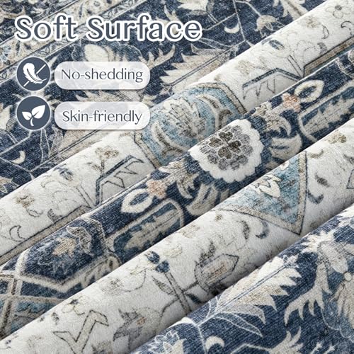 Tortania Area Rug Living Room Rugs - 8x10 Washable Boho Rug Vintage Oriental Distressed Farmhouse Large Thin Indoor Carpet for Living Room Bedroom Under Dining Table Home Office - Indigo