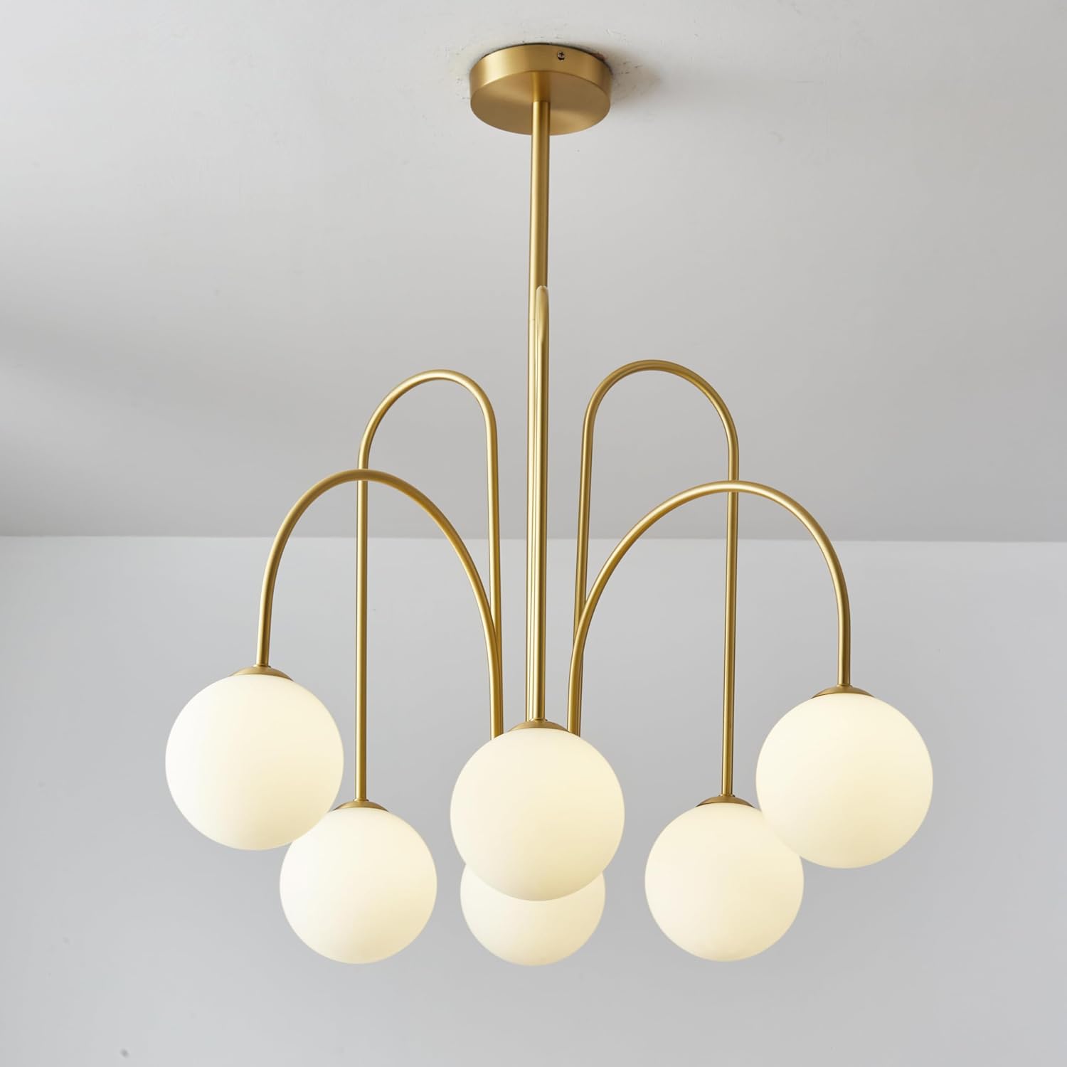 Glass Globe Chandelier, Modern Bubble Ball Pendant Light, Mid-Century Hanging Light for Dining Room Living Room Brass Finish (6 Lights)